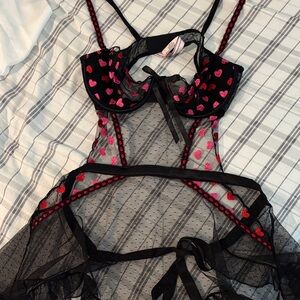 Sheer Black Mesh Babydoll Chemise with Pink Heart Embroidery